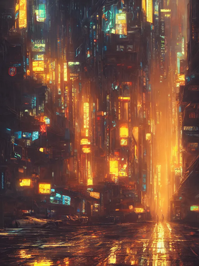 Image similar to an epic painting of the city street, oil on canvas, cold colors, perfect composition, golden ratio, beautiful detailed, photorealistic, digital painting, artstation, concept art, smooth, sharp focus, illustration, cyberpunk background, artstation trending, octane render, unreal engine