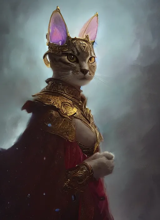 Image similar to side profile of a cat wearing a crown and royal cloak, fantasy, digital painting, volumetric light, intricate, sharp, focus, bloom, illustration, highly detailed, concept art, matte, ruan jia, randy vargas, greg rutkowski