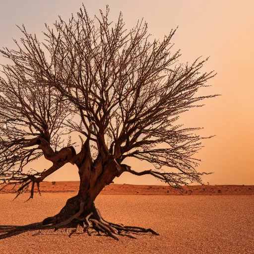 Prompt: branching tree in desert, award winning photo, 4 k