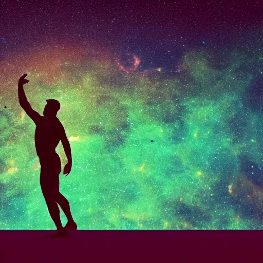 Image similar to wide shot of athletic man, inspiring pose, floating, silhouette, long shot, in a cosmic nebula background, matte colors, very very very dramatic, inspiring digital art trending on artstation