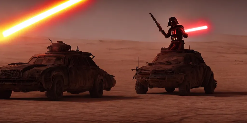 Image similar to Darth Vader standing on a driving armored post apocalyptic battle car in the desert and firing a flamethrower, Mad Max Fury Road, film, sandstorm, fire, realistic, center frame, symmetrical, spikes, flags, dust