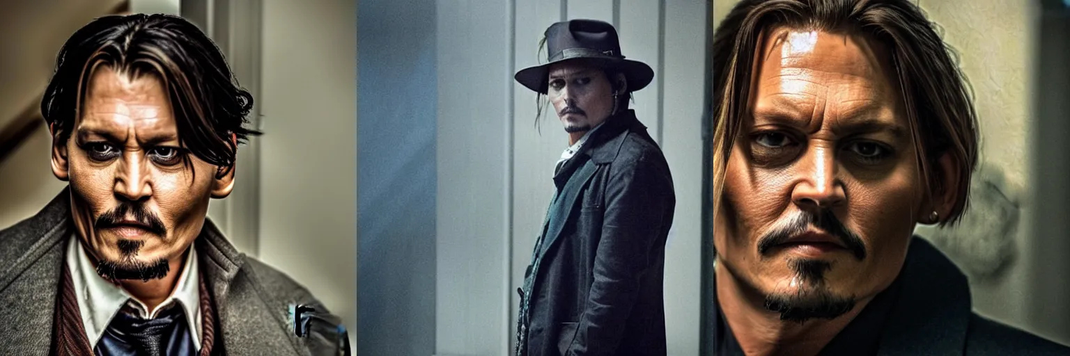 Prompt: close-up of Johnny Depp as a detective in a movie directed by Christopher Nolan, movie still frame, promotional image, imax 70 mm footage