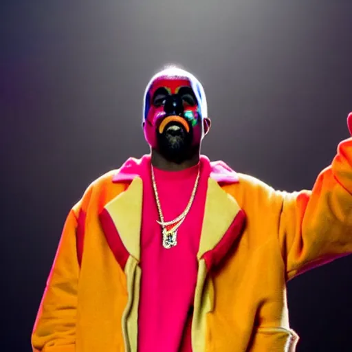 Image similar to Kanye west dressed up as a clown, kanye 🤡, funny, kanye west the rapper on stage, rtx on, real life visuals, high detail, cinematic view