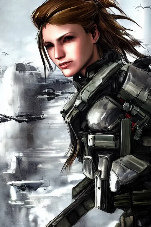 Image similar to portrait photo of beautiful young female, clothed in military armor, long hair blowing in the wind, from metal gear. Future war zone behind her. by Anita Sadowska