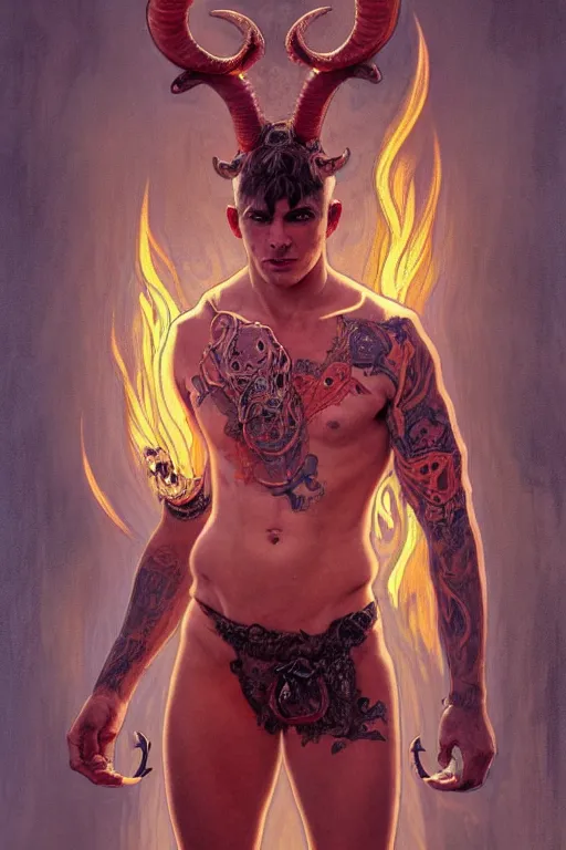 Prompt: portrait of a beautiful young fit male demon with ram horns, scaly skin covered in occult tatoos, flaming scene, by greg rutkowski and alphonse mucha, d & d character, gradient red to yellow, in front of an hellish landscape background, highly detailed portrait, digital painting, artstation, concept art, smooth, sharp focus ilustration, artstation hq