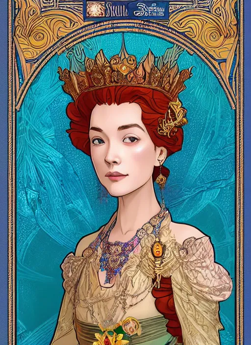 Image similar to well - lit art nouveau portrait of queen sirikrit of thailand who resembles sadie sink with red hair as a princess with intricate, ornate jewelry, natural lighting, path traced, highly detailed, high quality, cartoon, digital painting, by don bluth and ross tran and studio ghibli and alphonse mucha