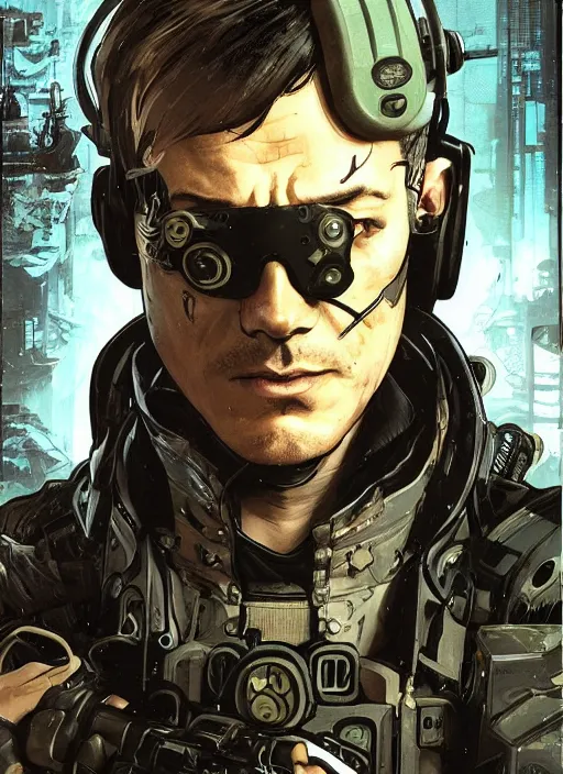 Image similar to cyberpunk blackops commander. night vision. portrait by ashley wood and alphonse mucha and laurie greasley and josan gonzalez and james gurney. spliner cell, apex legends, rb 6 s, hl 2, d & d, cyberpunk 2 0 7 7. realistic face. dystopian setting.