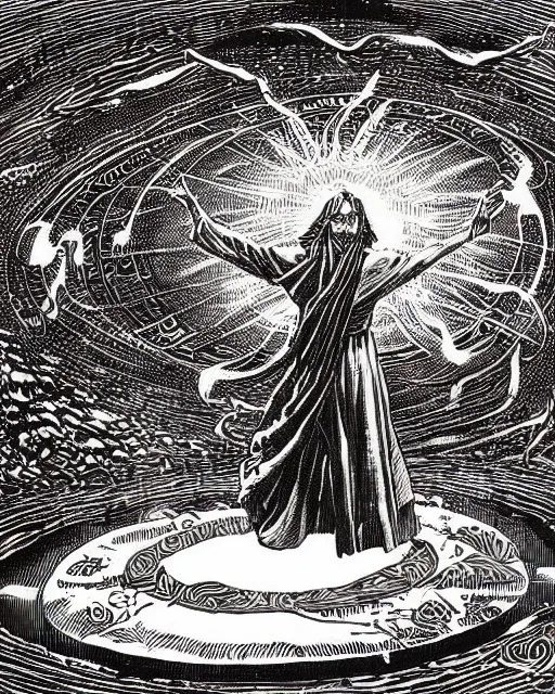 Image similar to a druid standing in a circle at the beginning of the world by virgil finlay