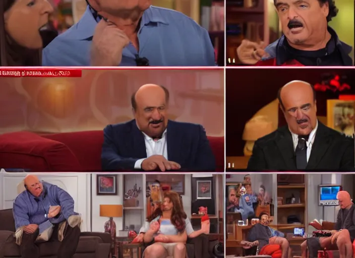 Prompt: portraits screenshots of dr phil yelling at dr oz, pile of nasty chili spilled on the floor, chunky sloppy men no shirts slipping in chili on the floor, wet chili wrestling, studio, extremely detailed, portraits, 4 k, hd