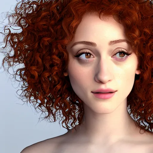 Prompt: curly ginger hair Emmy Rossum, realistic, photo studio, HDR, 8k, trending on artstation