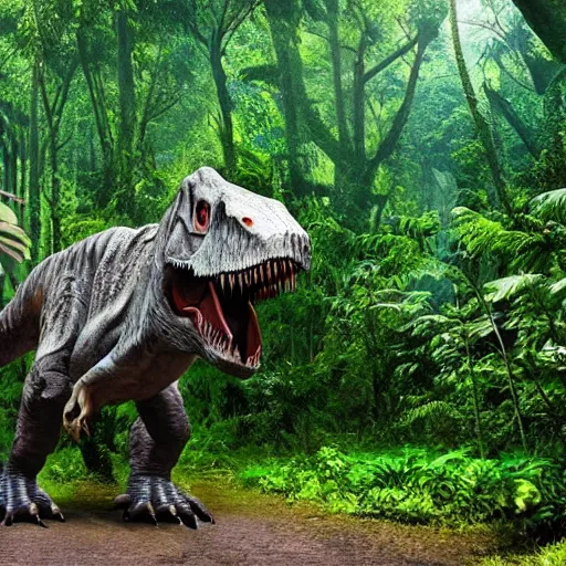 Image similar to giant tyrannosaurus rex walking through a tropical forest