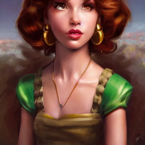 Image similar to princess daisy from super mario as realistic cute brunette human character art portrait, matte fantasy painting, deviantart artstation, by jason felix by steve argyle by tyler jacobson by peter mohrbacher, cinema c 9. 0