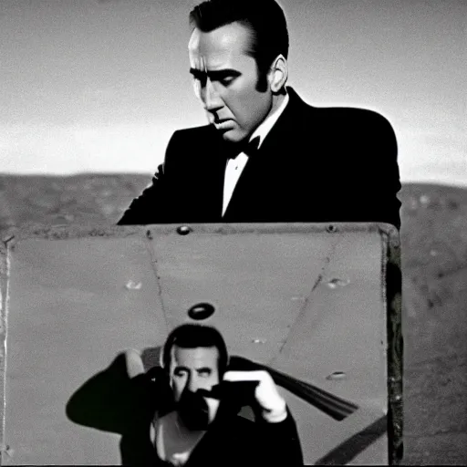 Prompt: nicholas cage as james bond, goldfinger 1 9 6 4 iconic film still, perfect composition