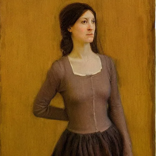 Image similar to standing skinny female artist in the style of realism, renaissance oil painting, tonalism, rococo, manga