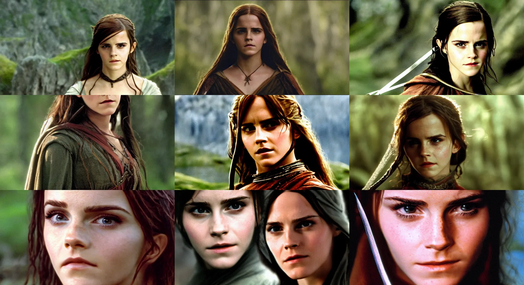 Prompt: medium shot of emma watson as arwen in the lord of the rings : the fellowship of the ring ( 2 0 0 1 film ), detailed face, movie still frame, promotional image, arricam studio 3 5 mm footage