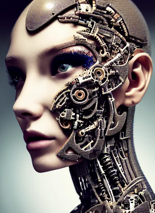 Image similar to a stunning young female cyborg profile face, face is made intricate tribal bio - mechanical, editorial photography, shot on 7 0 mm, depth of field, f / 2. 8, high contrast, 1 6 k, rays of shimmering light, volumetric lighting, shiny, insanely detailed and intricate, hypermaximalist, elegant, ornate, hyper realistic, super detailed