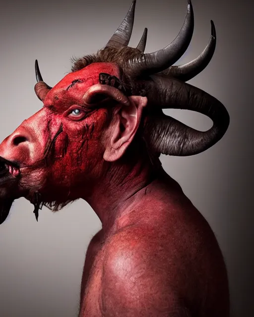 Image similar to tim curry in full makeup as darkness, the goat legged water buffalo horned red devil in ridley scott's movie legend. studio lighting, photoshoot in the style of annie leibovitz, atmospheric smoke