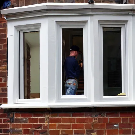 Image similar to many builders inspecting and discussing sash window, dramatic