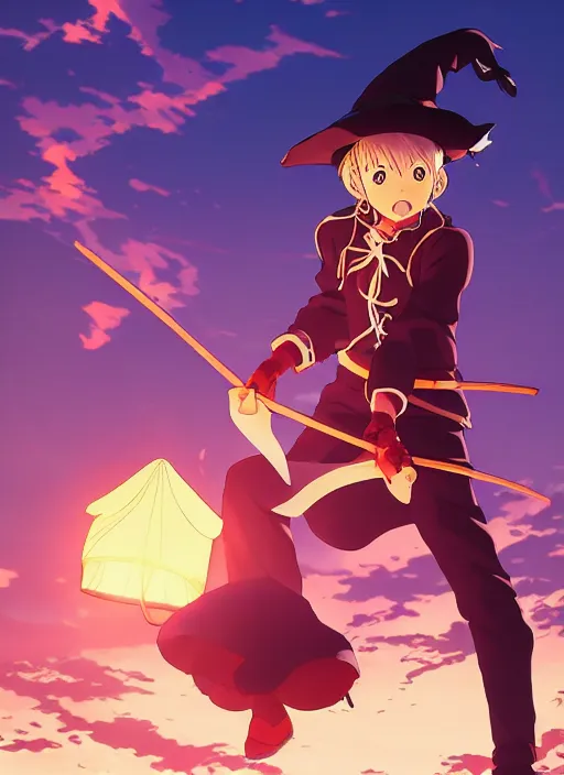 Image similar to key anime visual portrait of an adult witch defending a camp, dynamic pose, cinematic, film grain, designed by yoh yoshinari, detailed, intricate, at night