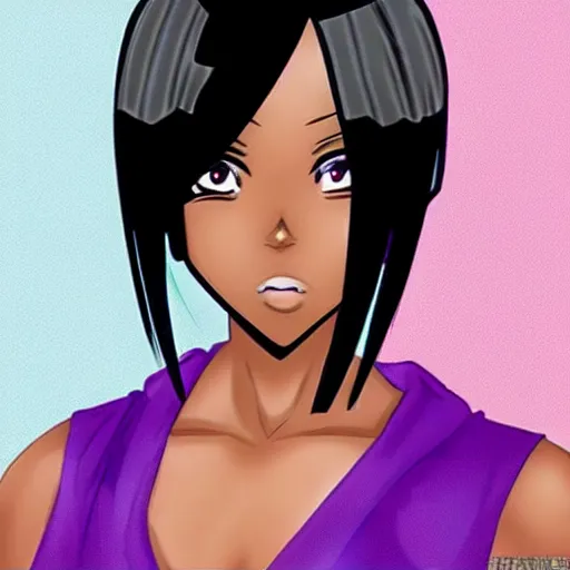 Image similar to black anime manga girl, wearing camo, purple eyes, white french bob