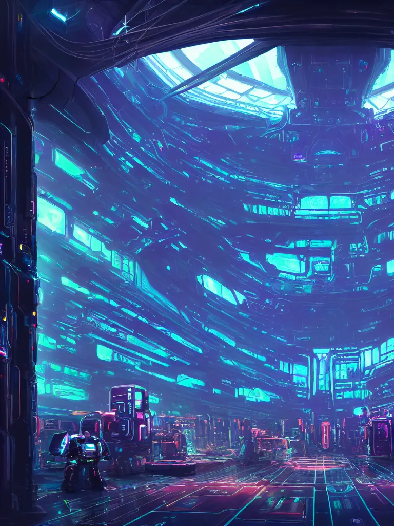 Image similar to the interior of a celestial spaceship cyberpunk hangar in a bioluminescent walls decorated beautifully, lots of cyberpunk design elements like humanoids and mecha robots, warm sunlight shining in, lots of cables and neon signs, concept art 8 k resolution, fantasy illustration, sharp focus, detailed painting, deep color, volumetric lighting, crepuscular rays