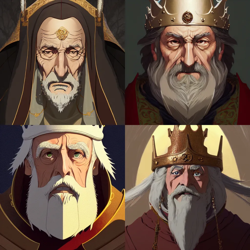 Prompt: portrait of a medieval old king, artstation, elegant, highly detailed, digital painting, concept art, smooth, sharp focus, illustration, cartoon by studio ghibli, makoto shinkai, don bluth, fujita goro, jean giraud, atey ghailan, akihiko yoshida, tom whalen 8 k