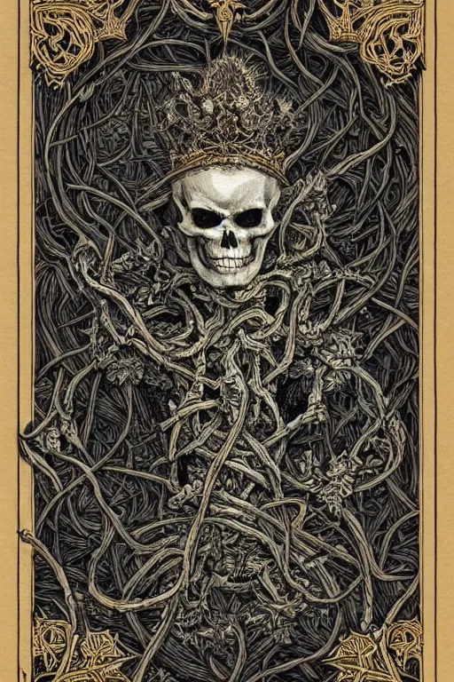 Image similar to portrait of dead king skeleton wrapped in vines, black paper, baroque, rococo, tarot card with ornate border frame, marc Simonetti, paul pope, peter mohrbacher, detailed, intricate ink illustration