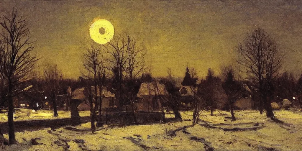 Prompt: a scene of a small rural russian village at night, stars, moon, wintertime, painting by frank weston benson