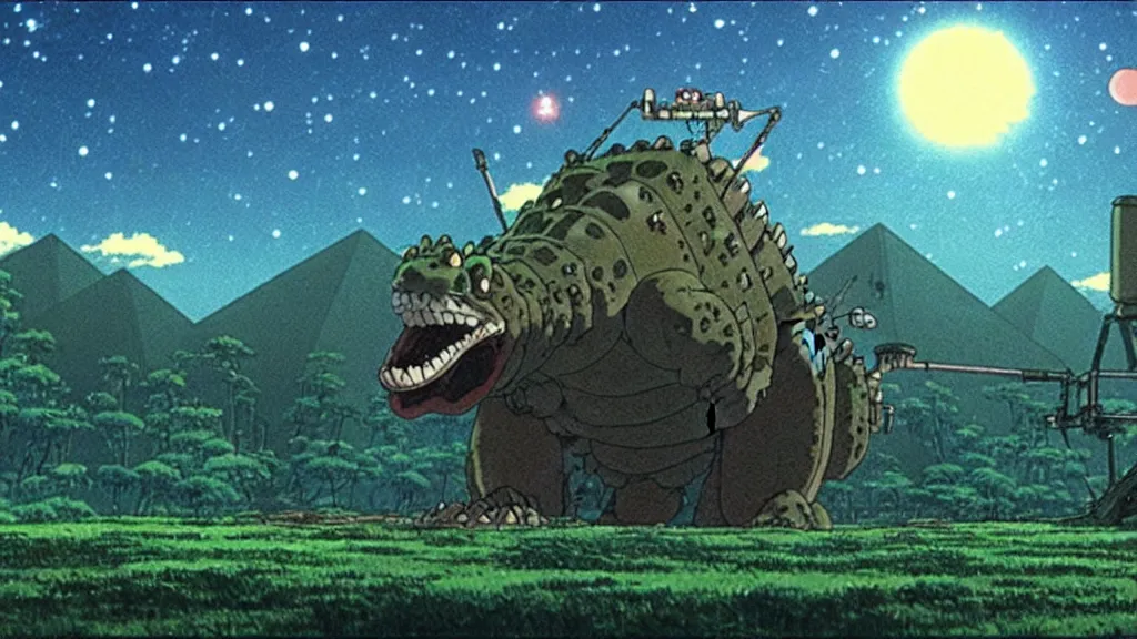 Image similar to a movie still from a studio ghibli film showing a giant mechanized crocodile from howl's moving castle ( 2 0 0 4 ). a pyramid is under construction in the background, in the rainforest on a misty and starry night. a ufo is in the sky. by studio ghibli