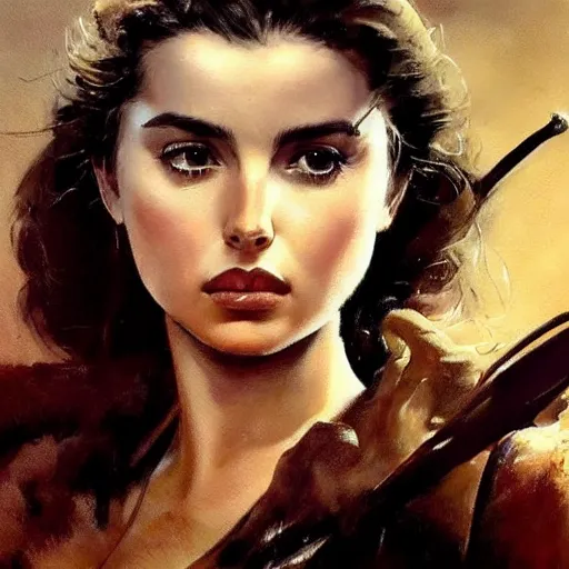 Image similar to ultra realistic portrait painting of ana de armas as a western outlaw, art by frank frazetta, 4 k, ultra realistic, highly detailed, epic lighting