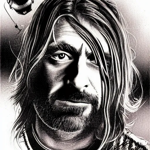 Prompt: graphic illustration, creative design, kurt cobain, biopunk, francis bacon, highly detailed, hunter s thompson, concept art