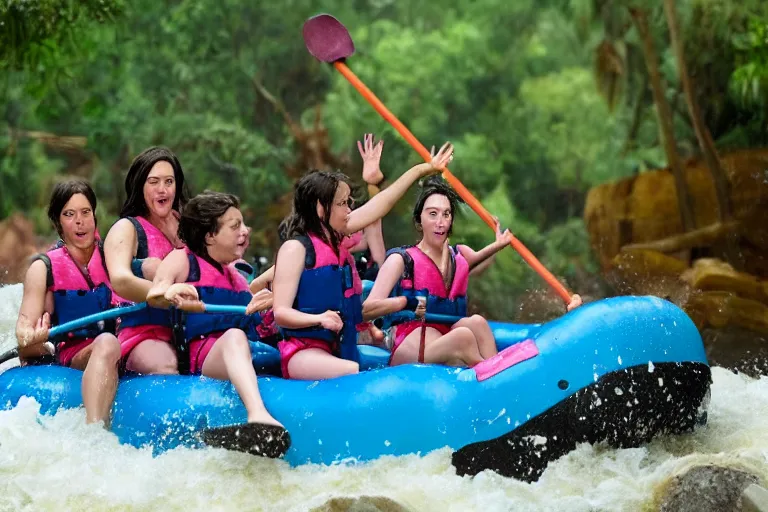 Prompt: Aubrey Plaza at Disney World riding Kali River Rapids, soaked, streaked makeup, deadpan, 8k detailed photo