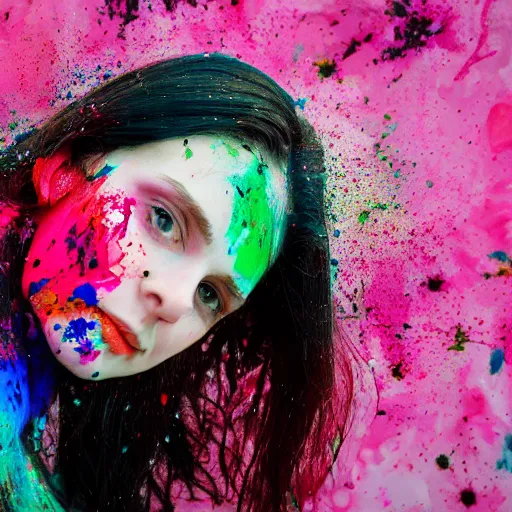 Image similar to beautiful scottish dark haired woman, pale skin, splattered with coloured paint, 4 k, zoomed