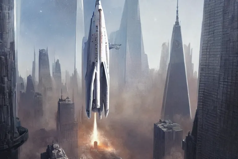 Prompt: a shuttle from star trek flying into the world trade center towers, highly detailed, digital painting, artstation, concept art, sharp focus, illustration, art by raphael lacoste and greg rutkowski