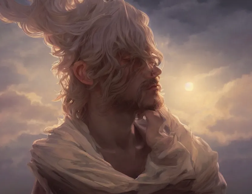 Prompt: a male wearing clouds as the clothes, morning sunrise, digital art, concept, radiant light, soft highlights, smooth render, unreal engine render, alphonse mucha krenz nixeu wlop.