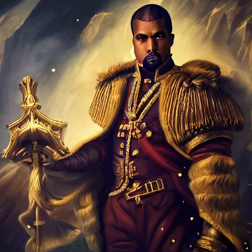 Prompt: Kanye West as emperor napoleon, League of Legends amazing splashscreen artwork, splash art, hd wallpaper, ultra high details, artstation