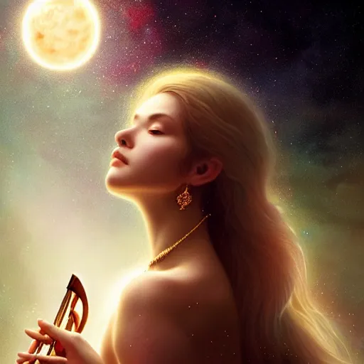 Image similar to a high quality life like portrait of a very very beautiful! celestial goddess of life playing a mysterious violin and springing life into the universe, highly detailed, intricate, sharp focus, fantasy, cinematic lighting, dreamlike, exotic, mystery, realistic, trending on artstation, fantasy, by WLOP and greg rutkowski