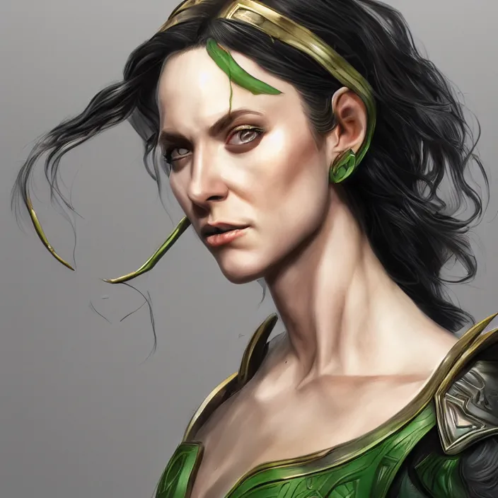 Image similar to female loki, au naturel, hyper detailed, digital art, trending in artstation, cinematic lighting, studio quality