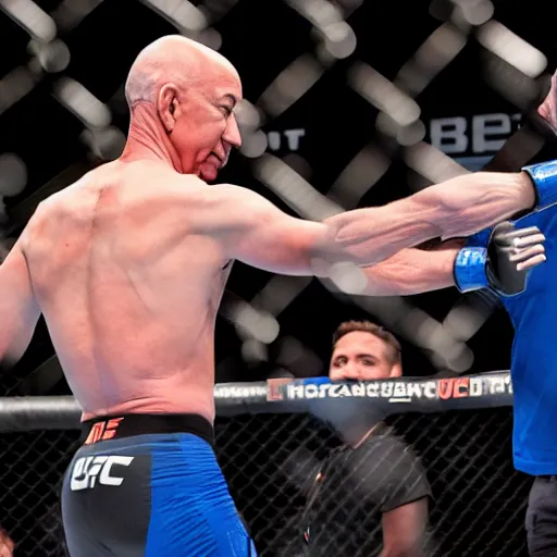 Prompt: Jeff bezos and Elon musk fighting in a UFC event, title match, sports photography, 8k