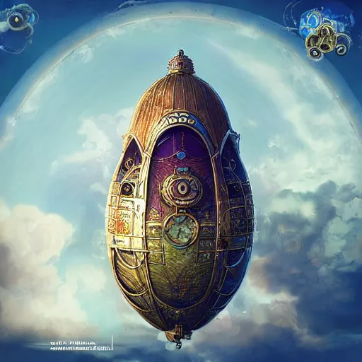 Image similar to enormous flying city!! in a gigantic faberge egg, sky!!!, steampunk, aetherpunk, fantasy art, unreal engine,