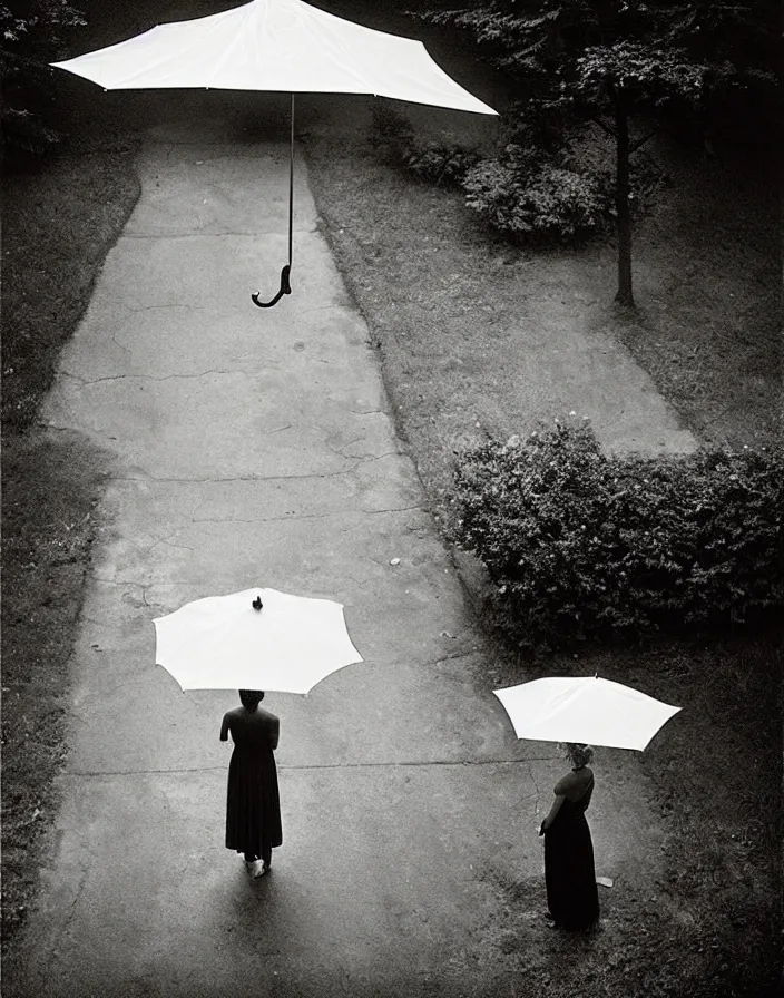 Prompt: “ gregory crewdson, photograph, quiet american neighborhood, a woman waiting holding a transparent umbrella ”