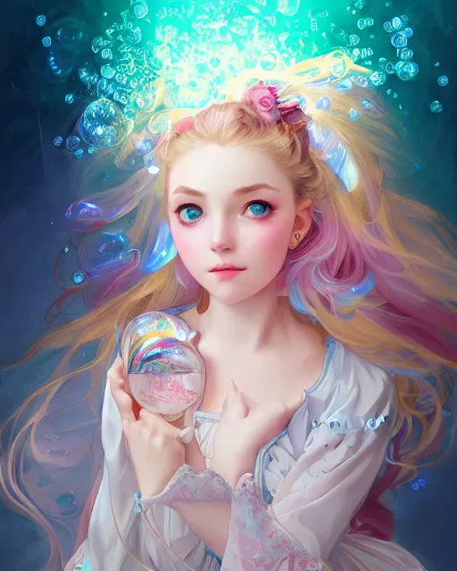 Image similar to portrait of magical lolita girl, dreamy and ethereal, expressive pose, big blue eyes, exciting expression, fantasy, intricate, elegant, many rainbow bubbles, rose tones, highly detailed, digital painting, artstation, concept art, cyberpunk wearing, smooth, sharp focus, illustration, art by artgerm and greg rutkowskiand alphonse mucha