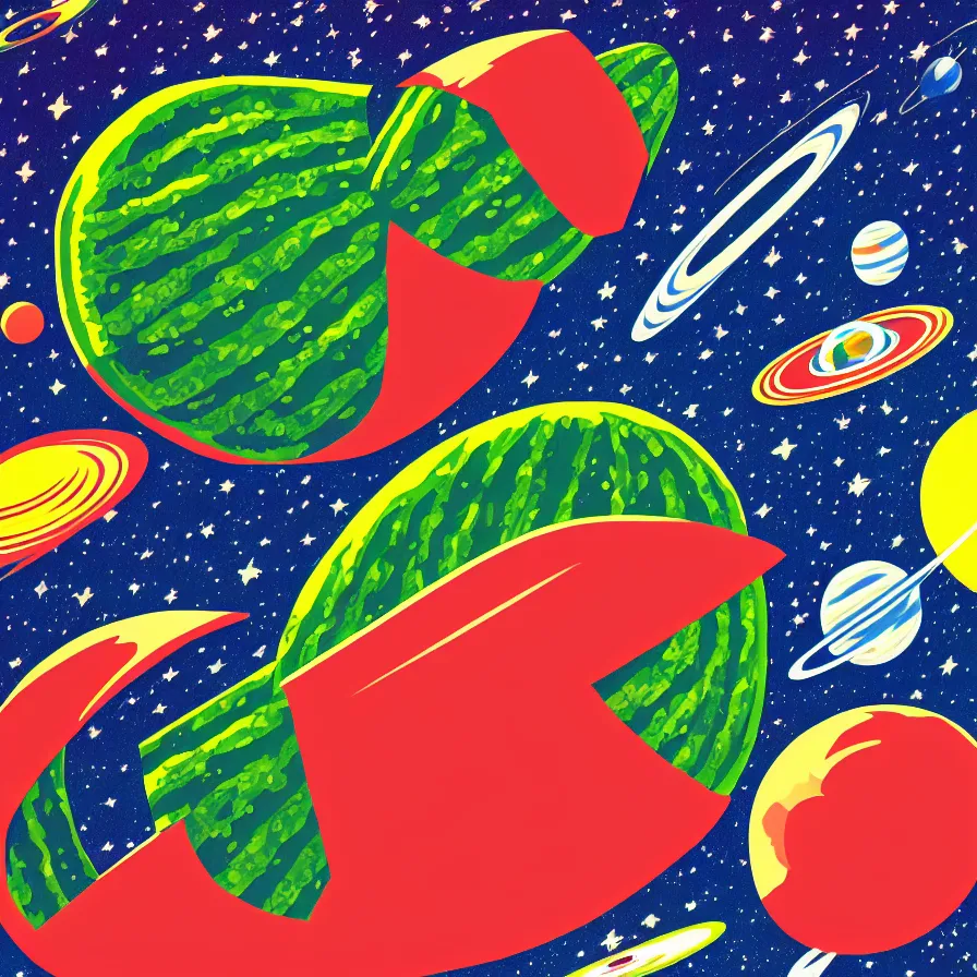 Prompt: space watermelon, sharp focus, 8 k, by saul bass