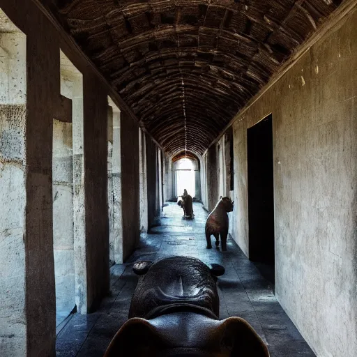 Prompt: an endless hallway with shallow water at the bottem of it with a hippo, liminal highly detailed, backrooms,