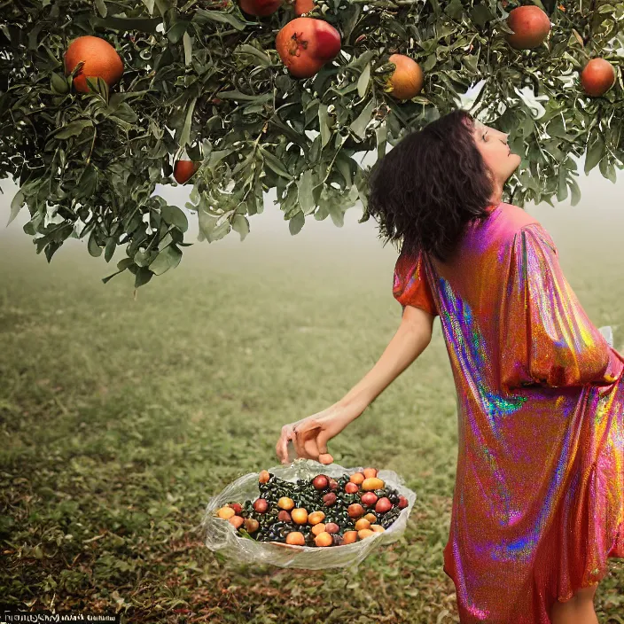 Image similar to a closeup portrait of a woman wearing a dress made of iridescent holographic vinyl, picking pomegranates from a tree in an orchard, foggy, moody, photograph, by vincent desiderio, canon eos c 3 0 0, ƒ 1. 8, 3 5 mm, 8 k, medium - format print