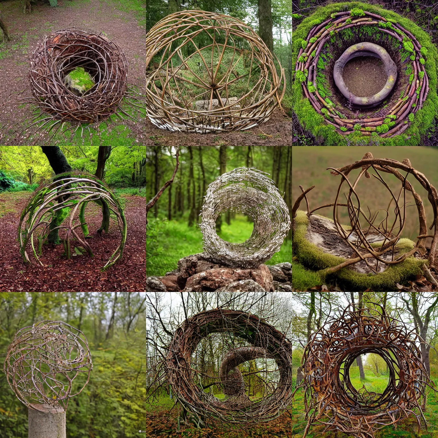 Prompt: an environment art sculpture by Nils-Udo, leaves twigs wood, nature, natural, round form, berries inside structure, leaf spiral pattern around outside