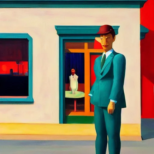 Prompt: a fine art painting of the ingame avatars from planet coaster with a coaster in view in the style of edward hopper and wes anderson.