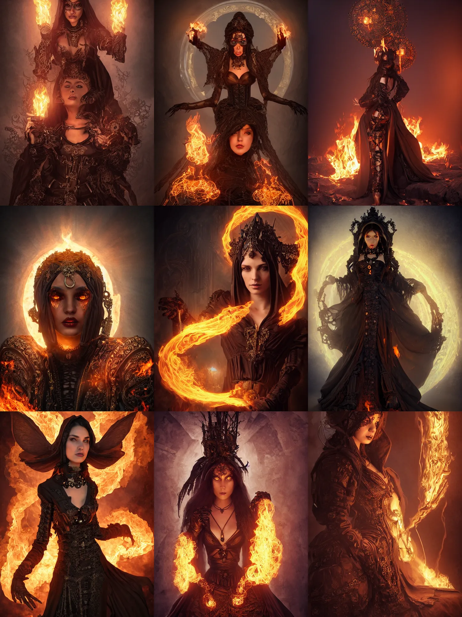 Prompt: dark evil steampunk pyromancer woman, beautiful facial features, ornamental halo, black shirt, brown body, coat, intricate robes, sitting on obsidian throne, fractal fire background, sharp focus, highly detailed, cinematic lighting, studio quality, smooth render, unreal engine 5 rendered, octane, rendered, by artgerm, greg rutkowski, alphonse mucha