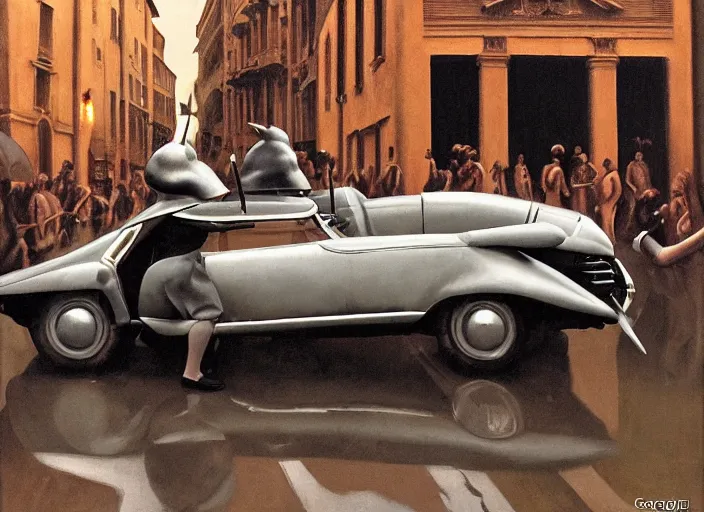 Image similar to knight in armor, st. vitus'dance at a black 1 9 5 5 citroen ds 1 9 with the headlights on, parked on the side of the road in the city of rome while it is raining, by george tooker, moody, sinister, lighting, hyperrealistic