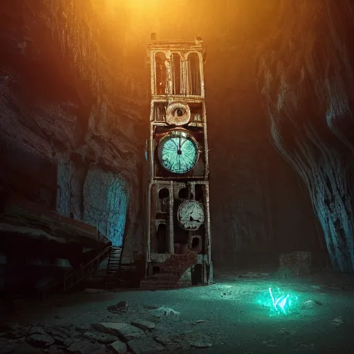 Image similar to an abandoned old rusty clocktower in a dark enormous cave, Low level, rendered by Beeple, Makoto Shinkai, syd meade, simon stålenhag, synthwave style, digital art, unreal engine, WLOP, trending on artstation, 4K UHD image, octane render